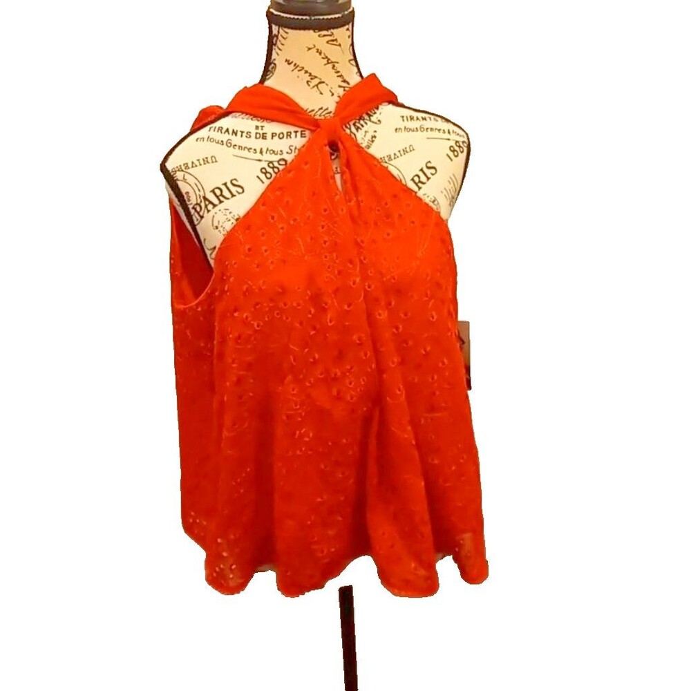 Women M Red NWT Halter Top Eyelet Botanical Floral Relaxed Fit Bright Boho Y2K